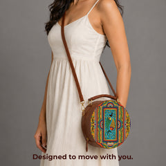 Leather Sling Bag | Tradition in Motion ( Modern Madhubani )