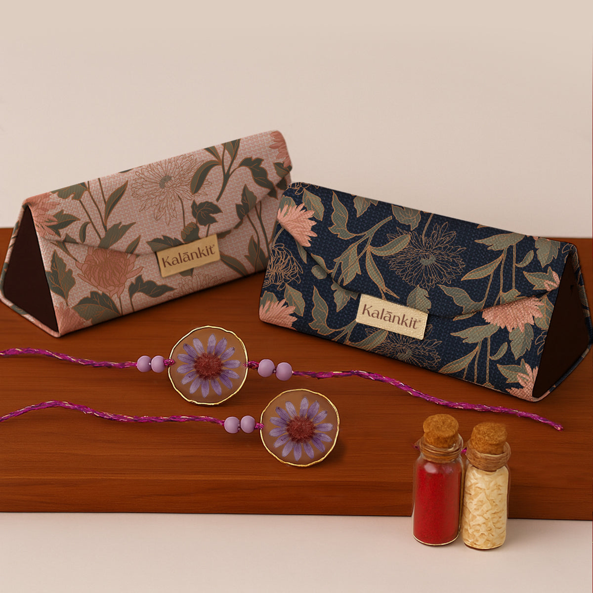Set of 2 Trifold Sunglass Cases with Resin Bhai and Bhabi Rakhi & Roli - Chawal | Rakhi Gifts For Bhai And Bhabi