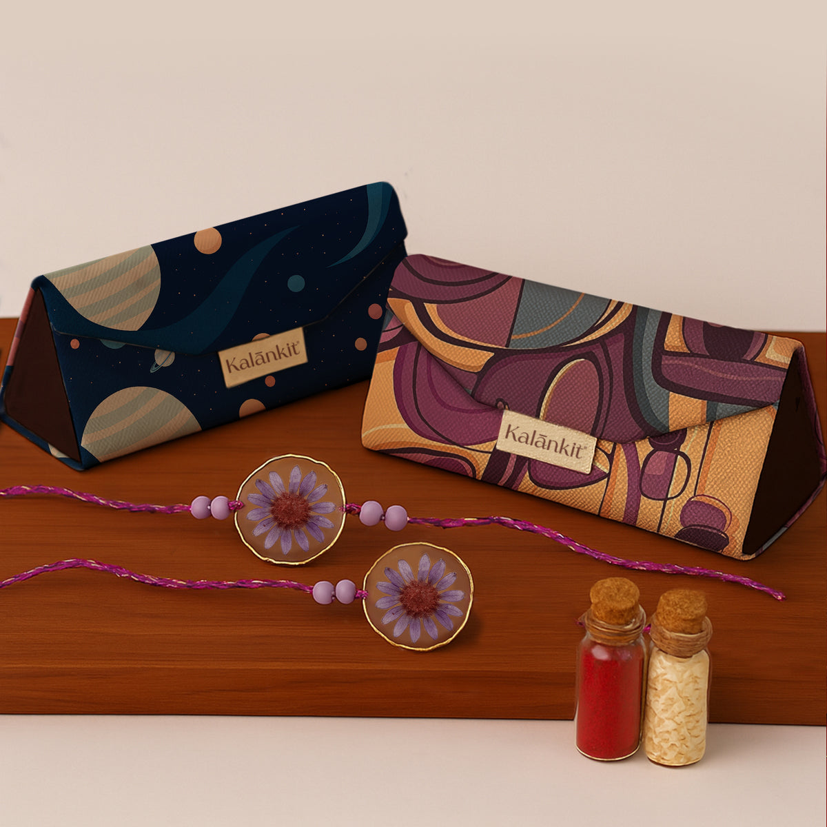 Set of 2 Trifold Sunglass Cases with Resin Bhai and Bhabi Rakhi & Roli - Chawal
