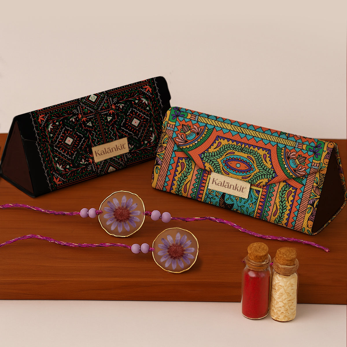 Set of 2 Trifold Sunglass Cases with Resin Bhai and Bhabi Rakhi & Roli - Chawal | Best Gift for Bhai and Bhabi