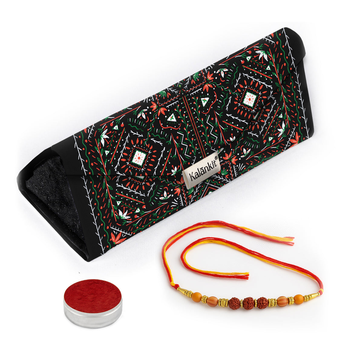 Trifold Sunglass Case with Rakhi & Roli – Black Mandala | Rakshabandhan Gift Set