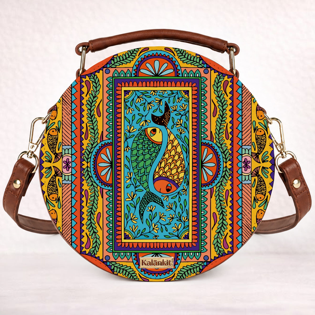 Leather Sling Bag | Tradition in Motion ( Modern Madhubani )
