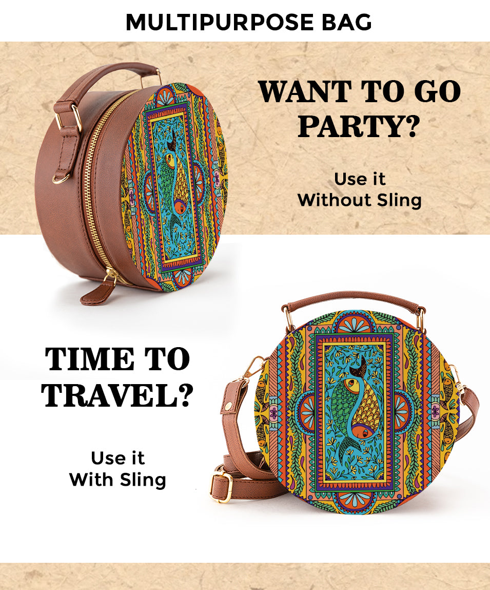 Leather Sling Bag | Tradition in Motion ( Modern Madhubani )