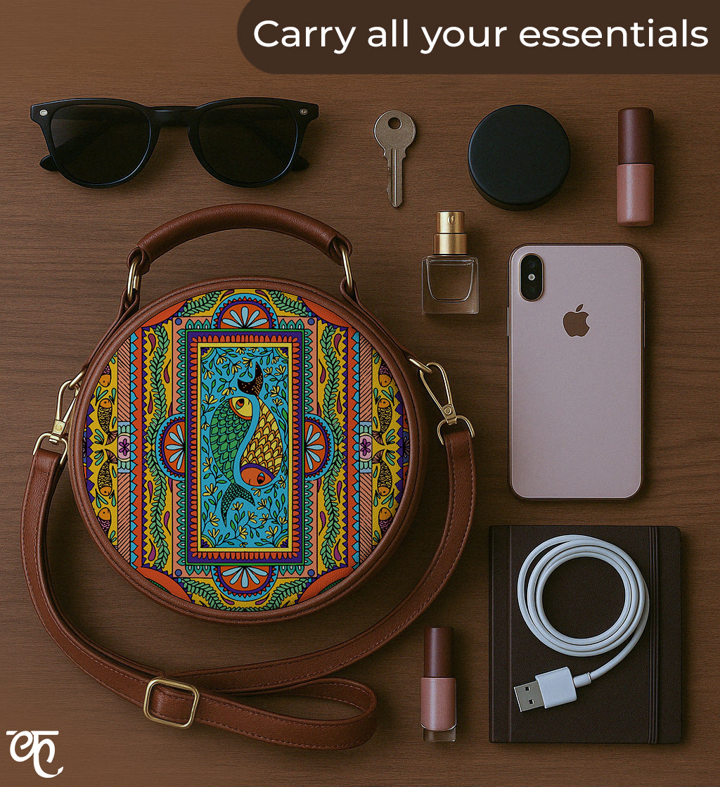 Leather Sling Bag | Tradition in Motion ( Modern Madhubani )
